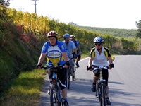 Eine Radlergruppe fährt auf einer Straße im Piemont