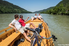 Vier Radler, zwei Männer und zwei Frauen, sind mit einem traditionellen, "Zille" genannten Boot auf der Donau unterwegs.