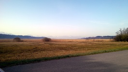 Blick über die Felder entlang des Radwegs und auf das Alpenpanorama im Hintergrund auf der Radreise "Chiemsee Impressionen"