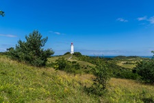 Der Leuchtturm Dornbusch - das Wahrzeichen der Insel Hiddensee - erhebt sich über die sanft hügelige, grasbewachsene Landschaft.