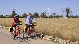 Zwei Radler fahren auf einer mallorquinischen Straße an einem Feld vorbei - im Hintergrund ist ein Dorf zu sehen