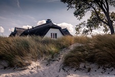 Ein mit Reet gedecktes Haus erhebt sich über den Dünen der Halbinsel Fischland/Darß.