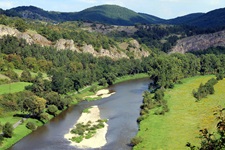 Blick auf den Fluss Berounka mit zwei Flussbetten in der Nähe von Tetin