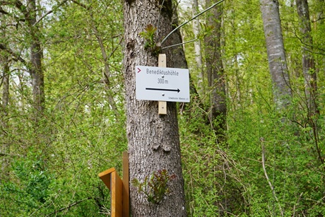 Wegschild am Donauradweg zur Benediktshöhe, das auf eine Höhe von 300 Metern hinweist