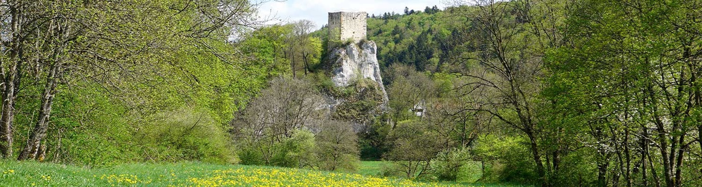 Blick auf die Ruine Dietfurt und der Landschaft im Weiler Dietfurt der Gemeinde Inzigkofen