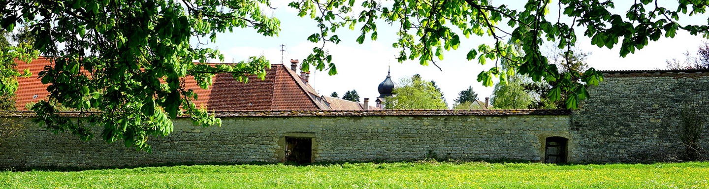 Blick auf die Klostermauer und das Dach der Kapelle in Inzigkofen