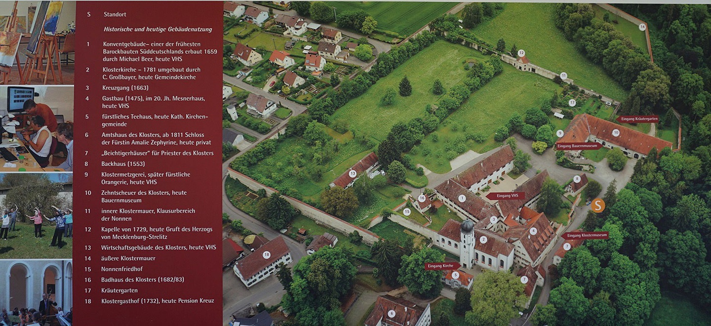 Übersichtsplan als Luftaufnahme der historischen Klosteranlage Inzigkofen im Naturpark Obere Donau, mit markanten Gebäuden
