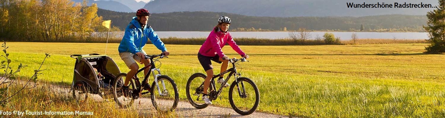 Eine Frau mit rosa Jacke, ein Mann mit blauer Jacke und einem Kind im Kinderanhänger radeln auf einem Radweg an einer Wiese vorbei während im Hintergrund ein See zu erkennen ist