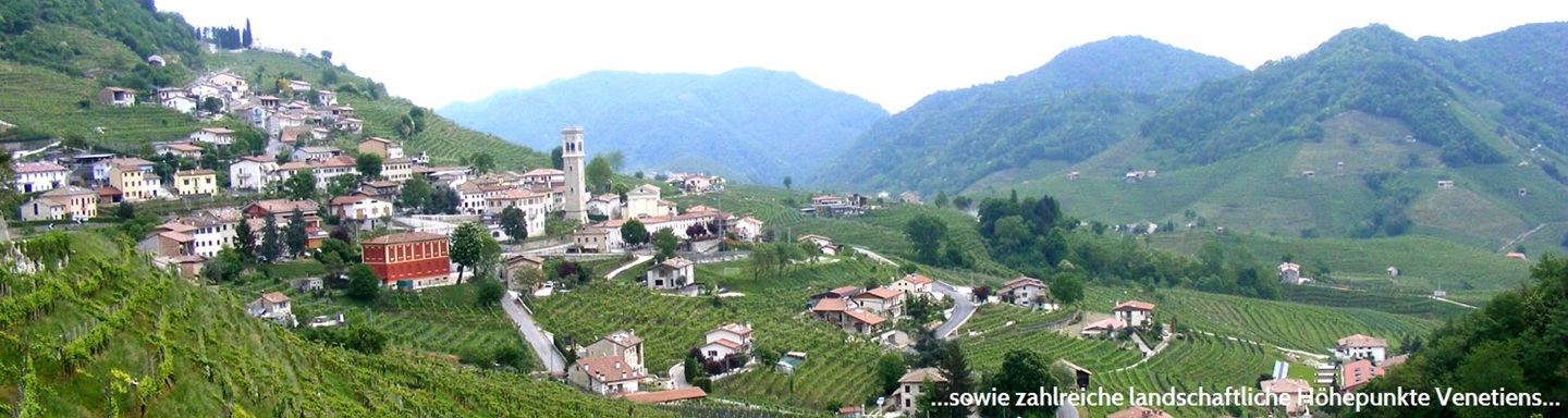 Das Dorf Santo Stefano mit seinem Kirchturm und den Weinbergen in Venetien