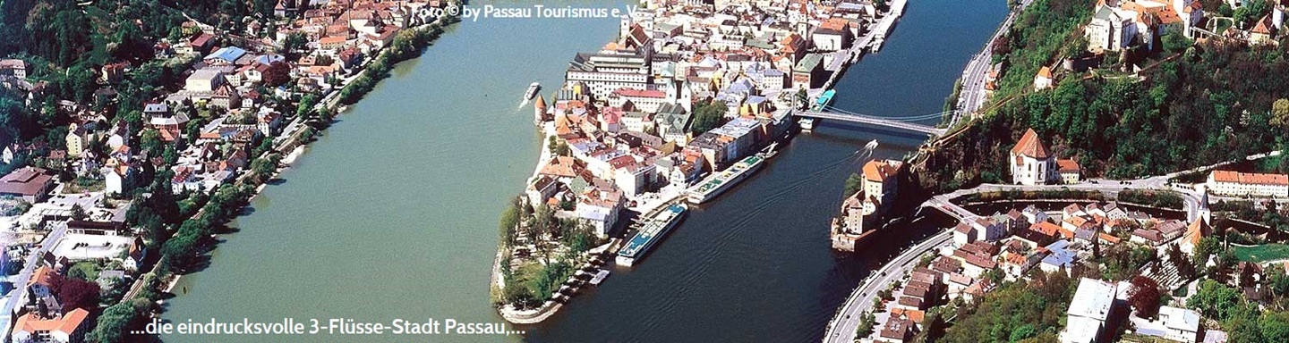 Luftbild des 3-Flüsse-Ecks von Passau mit den verschieden farbigen Flüssen Donau, Inn und Ilz