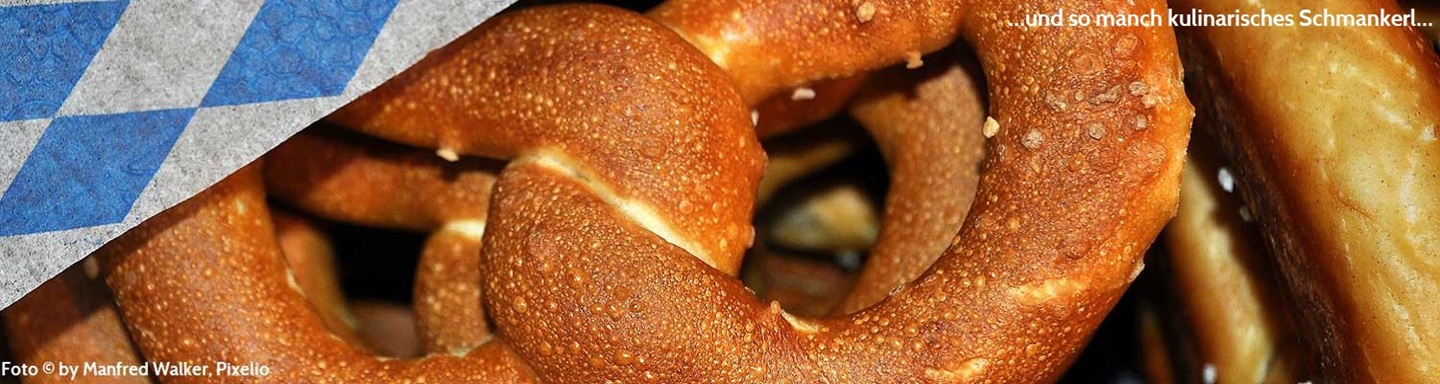 Detailbild von einer Brezel in einer typisch blau-weißen Papierverpackung