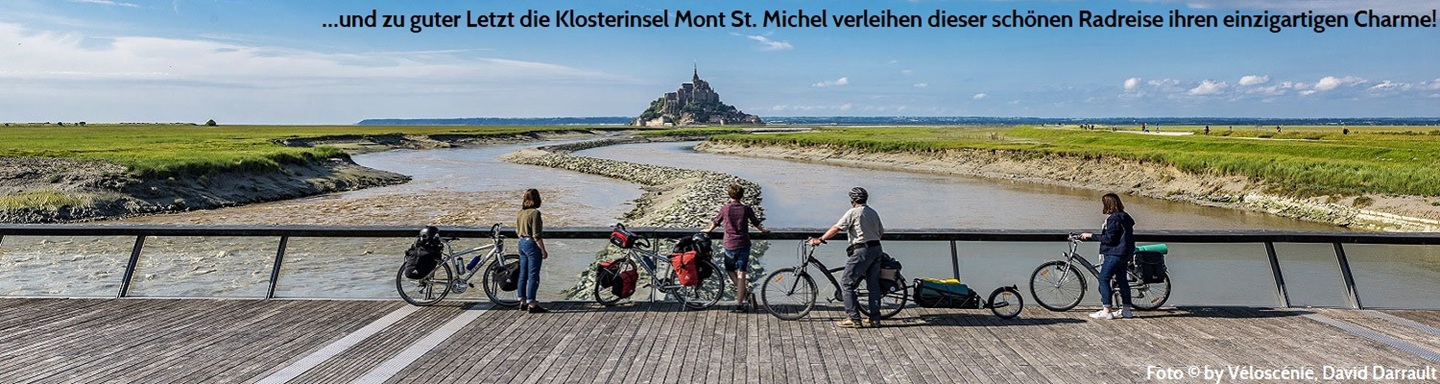 Radlergruppe hat ihre Räder an einem Steg abgestellt und blickt zum Kloster Mont St. Michel, Frankreich