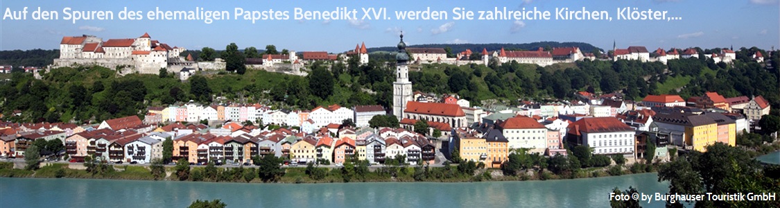 Blick über die Salzach nach Burghausen mit seiner im Zentrum stehenden Kirche und deren Zwiebelturm
