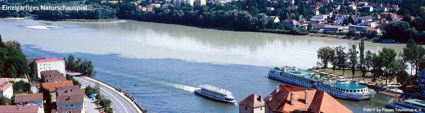 Blick auf das Dreiflüsseeck in Passau mit der Donau, dem Inn und der Ilz