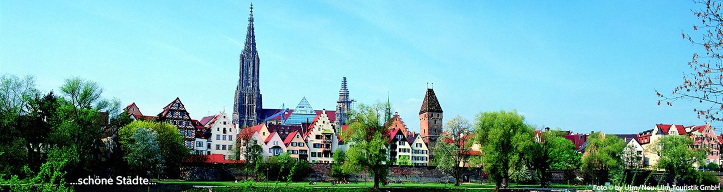 Blick zur Stadtmauer von Ulm, den dahinter stehenden Häuser und auf das mächtige Ulmer Münster