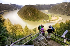 Zwei Pärchen stehen auf der Aussichtsplattform Schlögener Donaublick und schauen hinunter auf die Schlögener Schlinge.