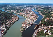 Das Drei-Flüsse-Eck in Passau, an dem Inn und Ilz in die Donau münden.