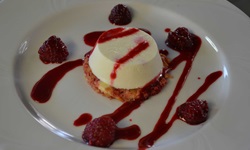 Ein appetitlich auf einem Teller angerichtetes Dessert-Törtchen mit Fruchtsauce und Himbeeren.