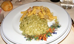 Blick auf einen Teller mit Rissotto und Nudeln