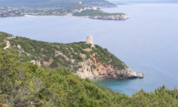 Der von Macchie und Garigue umgebene Turm von Capo Caccia erhebt sich malerisch über dem tiefblauen Meer.