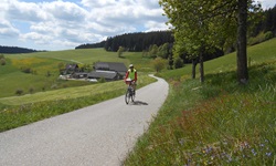 Ein Radler passiert ein Gehöft im schönen Nordschwarzwald.