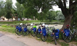 Vor einem wunderschönen, teilweise mit Seerosen bewachsenen See abgestellte Fahrräder in Masuren.