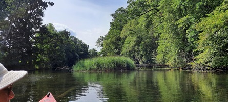 Blick von einem roten Kajak aus auf die Kruttina, einem Fluss in den Masuren und ihre prachtvolle Landschaft
