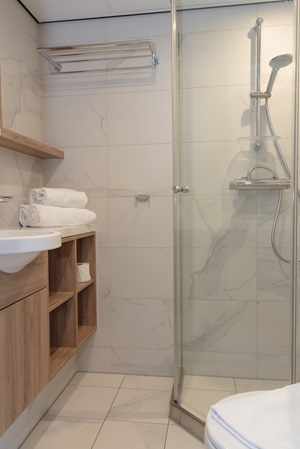 Badezimmer mit Dusche und Waschtisch auf der MS De Holland