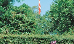 Eine Radlerin holt ihre Kamera aus ihrer Gepäcktasche aus, im Hintergrund ist die dänische Fahne zwischen einigen Bäumen zu sehen