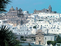 Wunderschöner Blick auf die von Palmen eingerahmte Weiße Stadt Ostuni.