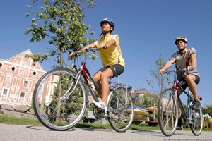 Ein Radlerpaar fährt auf em Donau-Radweg in Aschach entlang