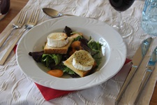 Zwei mit Weichkäse überbackene Toastscheiben auf einem Bett aus Blattsalat.