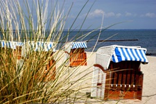Blick auf weißen Sandstrand mit Strandkörben auf Rügen