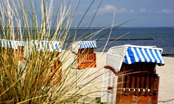 Blick auf weißen Sandstrand mit Strandkörben auf Rügen