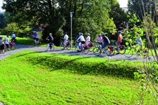 Eine Radlergruppe fährt auf einem asphaltierten Radweg durch Flandern