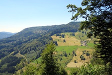 Schöner Blick auf die abwechslungsreiche, von Wäldern, Wiesen und Feldern geprägte Landschaft des Schwarzwaldes.