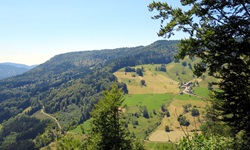 Schöner Blick auf die abwechslungsreiche, von Wäldern, Wiesen und Feldern geprägte Landschaft des Schwarzwaldes.