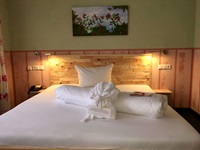 Blick auf ein Zimmer mit Doppelbett und einem schönen Blumenbild darüber im Hotel Herrmann in Münsingen