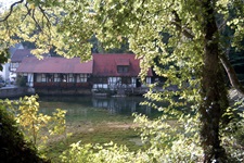 Blick zu den alten Fachwerkhäusern in Blaubeuren am Blautopf