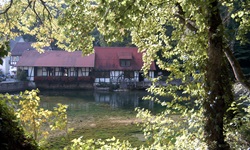 Blick zu den alten Fachwerkhäusern in Blaubeuren am Blautopf