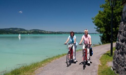 Zwei Fahrradfahrerinnen radeln einen Radweg am Forggensee entlang, auf dem ein Surfer zu sehen ist
