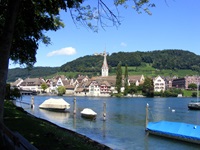 Blick auf angelegte Boote und einen Ort am Bodensee