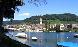 Blick auf angelegte Boote und einen Ort am Bodensee