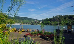 Boppard von einer Rheinterrasse am gegenüberliegenden Ufer aus gesehen.