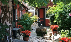 Blick in einen traumhaft bepflanzten Innenhof mit einem Brunnen auf der Insel Bornholm
