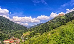 Blick auf ein Dorf mit Weinbergen und einer hoch thronenden Burg auf der Radreise an der Elsässischen Weinstraße und durch den Breisgau