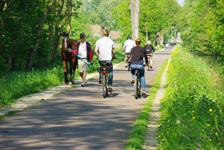 Radler fahren am Canal de Bruche im Elsass entlang