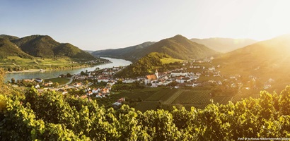 Panoramablick über Spitz in Österreich zur Donau