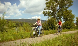 Zwei Radler genießen während der Fahrt die herrliche Landschaft der Wachau.