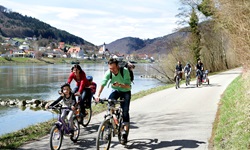 Insgesamt 6 Radler, davon eine Familie mit Kind, radeln auf dem Donauradweg am Flussufer entlang.